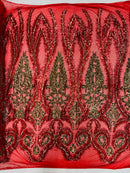 Palm Leaf Damask Sequins - Red / Gold - 4 Way Stretch Sequins Leaf Design Fabric By Yard