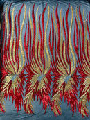 Angel Wings Sequins Fabric - Red / Gold- 4 Way Stretch Feather Wings Sequins Design By Yard