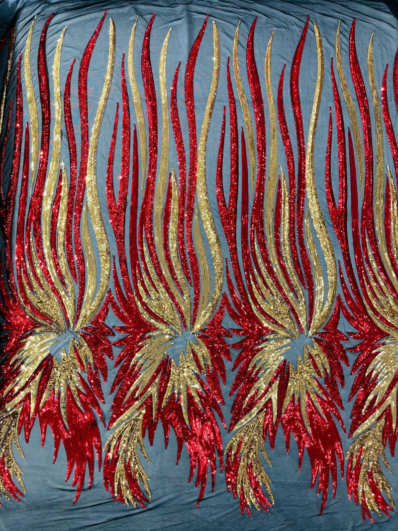 Angel Wings Sequins Fabric - Red / Gold- 4 Way Stretch Feather Wings Sequins Design By Yard