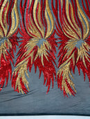 Angel Wings Sequins Fabric - Red / Gold- 4 Way Stretch Feather Wings Sequins Design By Yard