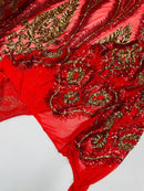 Palm Leaf Damask Sequins - Red / Gold - 4 Way Stretch Sequins Leaf Design Fabric By Yard
