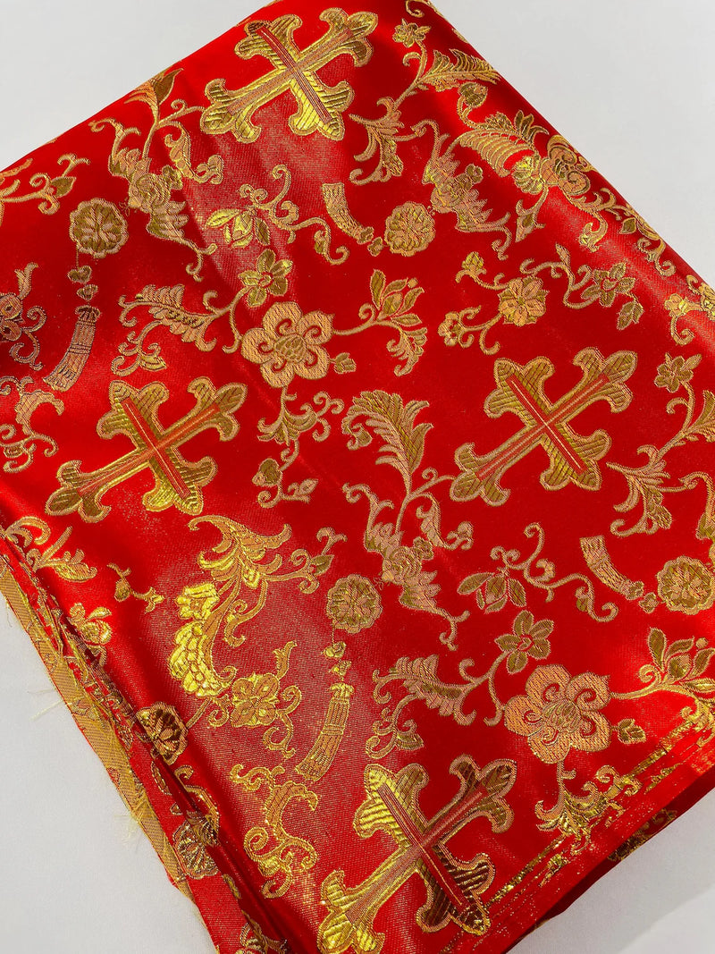 58/60" Cross Print Brocade Fabric - Jacquard Religious Print Church Vestment Fabric By Yard