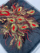 Peacock Feathers Design Lace - Red/Gold on Black Embroidered Multi-Color Peacock Lace Fabric by Panel