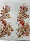 Peacock Feathers Design Lace - Red/Gold on Black Embroidered Multi-Color Peacock Lace Fabric by Panel