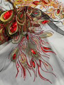 Peacock Feathers Design Lace - Red/Gold on Black Embroidered Multi-Color Peacock Lace Fabric by Panel