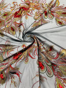 Peacock Feathers Design Lace - Red/Gold on Black Embroidered Multi-Color Peacock Lace Fabric by Panel