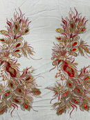 Peacock Feathers Design Lace - Red/Gold on Black Embroidered Multi-Color Peacock Lace Fabric by Panel