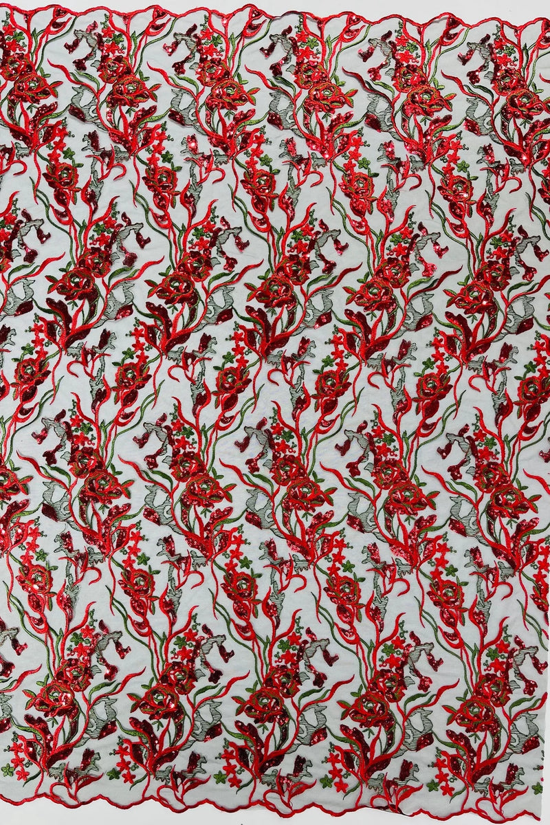 Multi-Color Floral Leaf Fabric - Red / Green - Sequins Lace Flower Fabric Sold By Yard