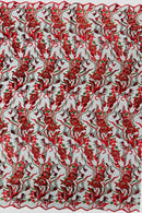 Multi-Color Floral Leaf Fabric - Red / Green - Sequins Lace Flower Fabric Sold By Yard