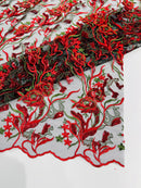 Multi-Color Floral Leaf Fabric - Red / Green - Sequins Lace Flower Fabric Sold By Yard