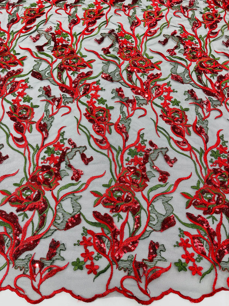 Multi-Color Floral Leaf Fabric - Red / Green - Sequins Lace Flower Fabric Sold By Yard
