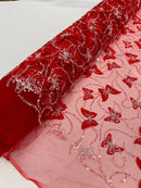 3D Butterfly Sequins Bead Fabric - Red / Silver - Sequins Embroidered Beaded Fabric By Yard