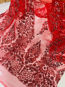 Fancy Rhinestone Glitter Fabric - Red / Silver - Embroidered Damask Design Glitter Mesh Fabric by Yard