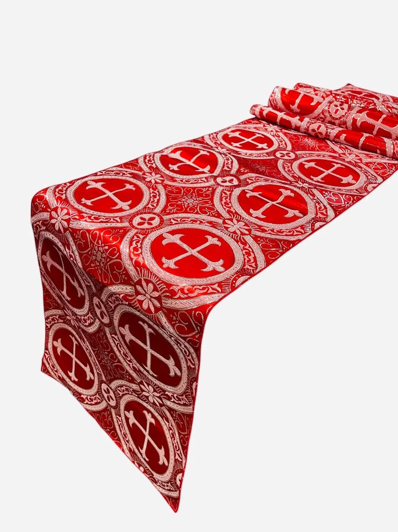 Cross Print Brocade Table Runners - Jacquard Religious Print Church Fabric Tablecloth Runners