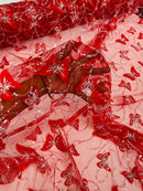 3D Butterfly Sequins Bead Fabric - Red / Silver - Sequins Embroidered Beaded Fabric By Yard