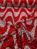 Wavy Line Design Velvet Sequins - Red / Silver - Velvet Sequins Fabric 2 Way Stretch 58"- 60" By Yard
