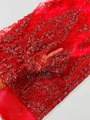Fancy Rhinestone Glitter Fabric - Red / Silver - Embroidered Damask Design Glitter Mesh Fabric by Yard
