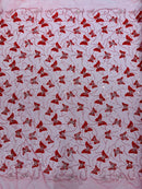 3D Butterfly Sequins Bead Fabric - Red / Silver - Sequins Embroidered Beaded Fabric By Yard