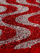 Wavy Line Design Velvet Sequins - Red / Silver - Velvet Sequins Fabric 2 Way Stretch 58"- 60" By Yard