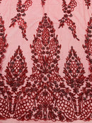 Fancy Rhinestone Glitter Fabric - Red / Silver - Embroidered Damask Design Glitter Mesh Fabric by Yard