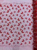 3D Butterfly Sequins Bead Fabric - Red / Silver - Sequins Embroidered Beaded Fabric By Yard