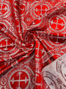 58/60" Cross Brocade Fabric - Red / Silver - Religious Church Vestment Cross Jacquard Fabric By Yard
