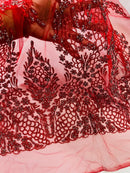 Fancy Rhinestone Glitter Fabric - Red / Silver - Embroidered Damask Design Glitter Mesh Fabric by Yard