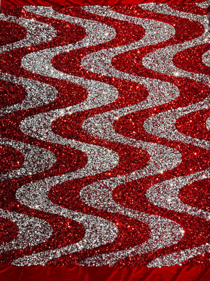 Wavy Line Design Velvet Sequins - Red / Silver - Velvet Sequins Fabric 2 Way Stretch 58"- 60" By Yard