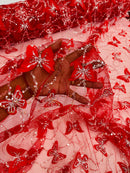 3D Butterfly Sequins Bead Fabric - Red / Silver - Sequins Embroidered Beaded Fabric By Yard