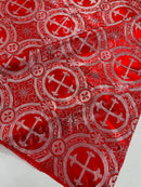 58/60" Cross Brocade Fabric - Red / Silver - Religious Church Vestment Cross Jacquard Fabric By Yard