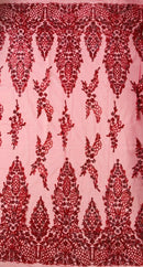 Fancy Rhinestone Glitter Fabric - Red / Silver - Embroidered Damask Design Glitter Mesh Fabric by Yard