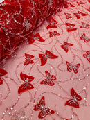3D Butterfly Sequins Bead Fabric - Red / Silver - Sequins Embroidered Beaded Fabric By Yard