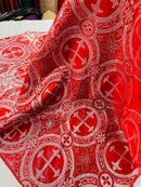 58/60" Cross Brocade Fabric - Red / Silver - Religious Church Vestment Cross Jacquard Fabric By Yard