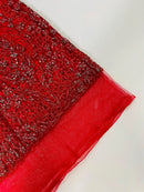 Fancy Rhinestone Glitter Fabric - Red / Silver - Embroidered Damask Design Glitter Mesh Fabric by Yard