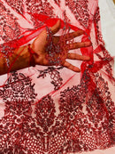 Fancy Rhinestone Glitter Fabric - Red / Silver - Embroidered Damask Design Glitter Mesh Fabric by Yard