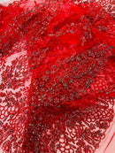 Fancy Rhinestone Glitter Fabric - Red / Silver - Embroidered Damask Design Glitter Mesh Fabric by Yard