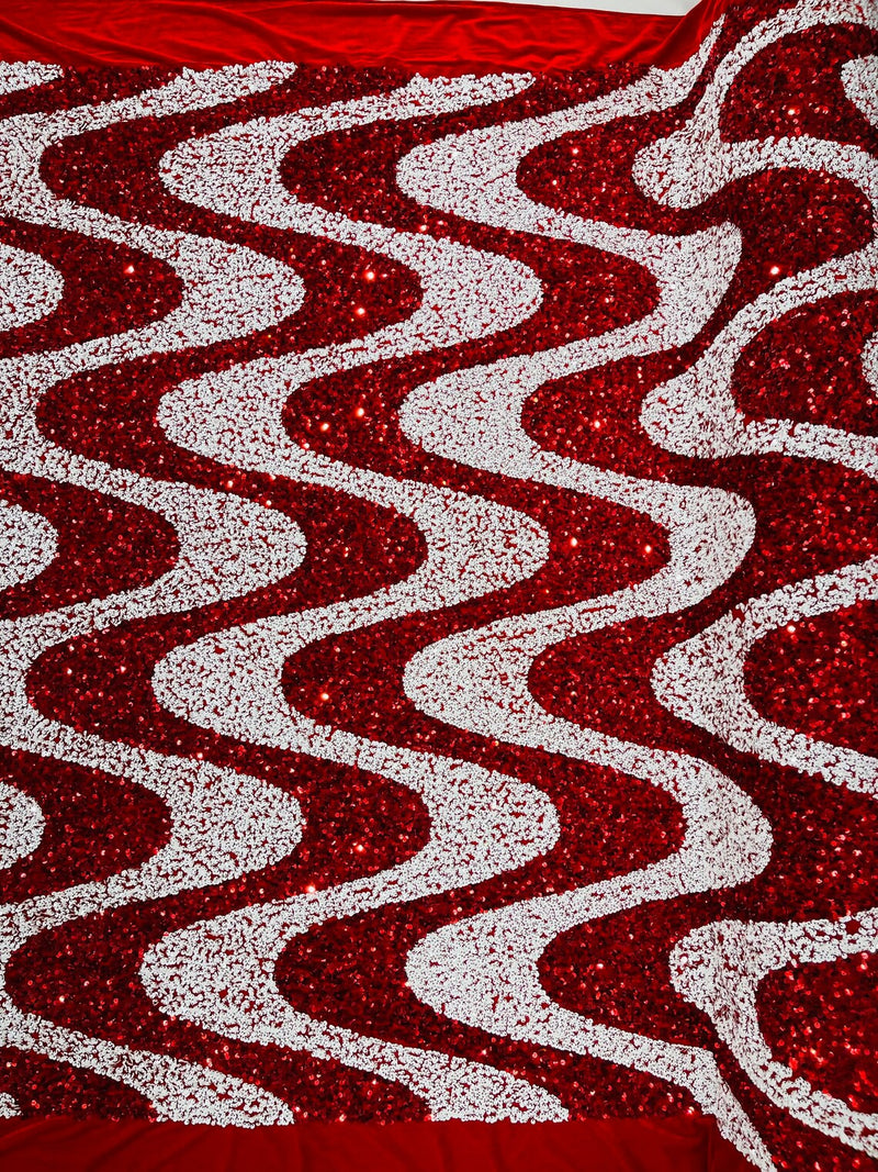 Wavy Line Design Velvet Sequins - Red / White - Velvet Sequins Fabric 2 Way Stretch 58"- 60" By Yard