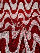 Wavy Line Design Velvet Sequins - Red / White - Velvet Sequins Fabric 2 Way Stretch 58"- 60" By Yard