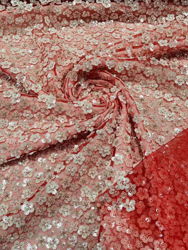 Stunning Bright Red Bead Sequin Pearl Metallic Fabric - OneYard