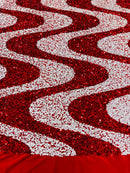 Wavy Line Design Velvet Sequins - Red / White - Velvet Sequins Fabric 2 Way Stretch 58"- 60" By Yard