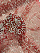 Beaded Mini Flower Pearl Fabric - Red / White - Embroidered Pearls Bead Fabric By Yard