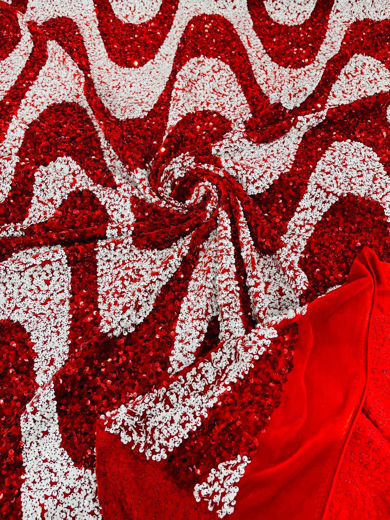 Wavy Line Design Velvet Sequins - Red / White - Velvet Sequins Fabric 2 Way Stretch 58"- 60" By Yard