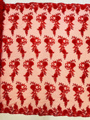 3D Floral Cluster with Border Lace - Red - Flower with Leaves Design 3D Fabrics Sold By Yard
