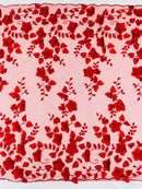 Floral 3D Pearl Fabric - Red - Embroidered Double Border Flower Design Pearl Fabric By Yard