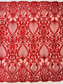 Leaf Damask Bead Fabric - Red  - Embroidered Sequins Heavy Beaded Lace Fabric by Yard