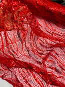 Wavy Leaf Lines Fabric - Red - Beaded Sequins Leaf Pattern Embroidered On Mesh By Yard