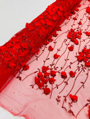 3D Floral Glitter Fabric - Red - 3D Sequins and Glitter Floral Design on Mesh Sold By Yard