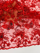 Butterfly Floral Lace Fabric - Red - Butterfly Flower Metallic Design on Lace Fabric By Yard