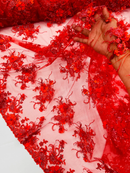 3D Flower Pearl Design - Red - Embroidered Sequins Floral Clusters Lace Fabric By Yard