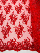 Beaded Sequins Floral Fabric - Red - Embroidered Beaded Floral Clusters Sequins Fabric By Yard